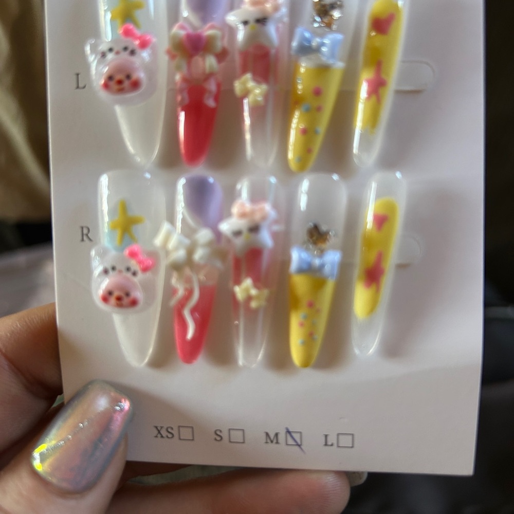 3D Press on Nail Set - Pink, Yellow, Purple sz M